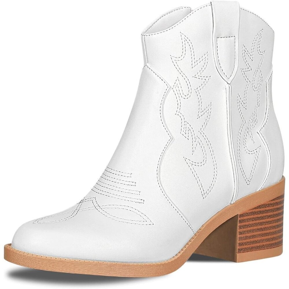 Women's Polyurethane White Embroidered Round Toe Short Ankle Chunky Heel Boots